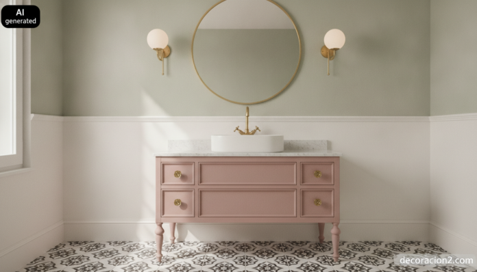 Baño retro moderno con mueble rosa de patas torneadas, suelo hidráulico en blanco y negro y grifería de latón