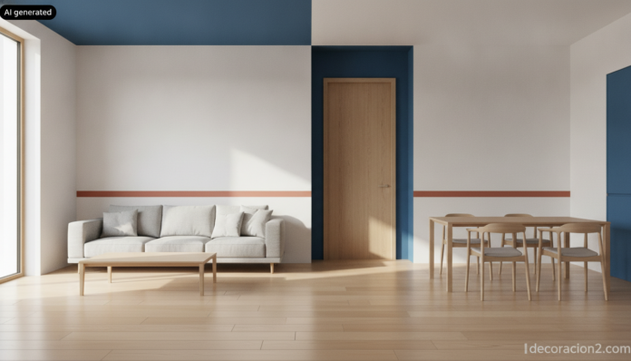 Salón con decoración geométrica con color: bloques planos de azul y rojo sobre paredes blancas