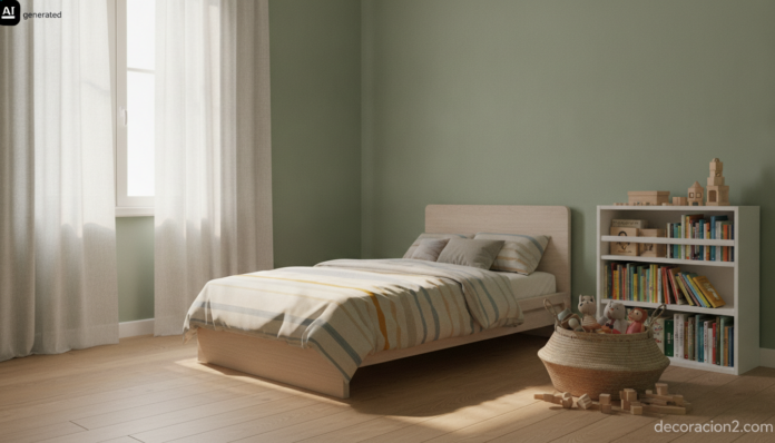 Habitación infantil con paredes en verde suave pintadas con pintura lavable para habitaciones infantiles