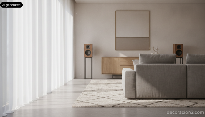 Salón contemporáneo con altavoces decorativos de madera de nogal sobre soportes negros junto a un aparador de roble