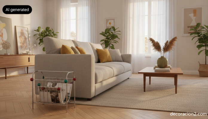 Revistero de diseño en acero cromado con bolas de colores junto a un sofá gris en un salón luminoso