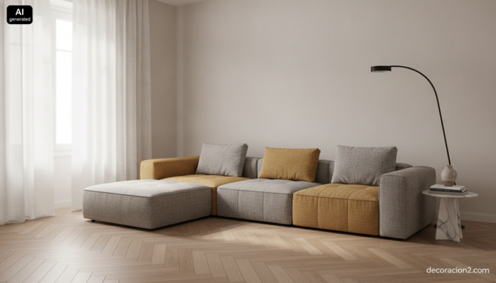 Salón luminoso con un sofá modular Confluence de piezas asimétricas en gris y mostaza colocado en el centro de la estancia