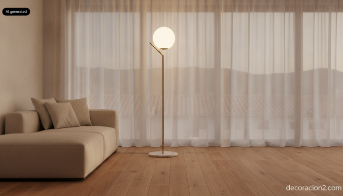 Salón contemporáneo con una lámpara de pie de diseño escultórico de esfera opalina junto a un sofá de lino