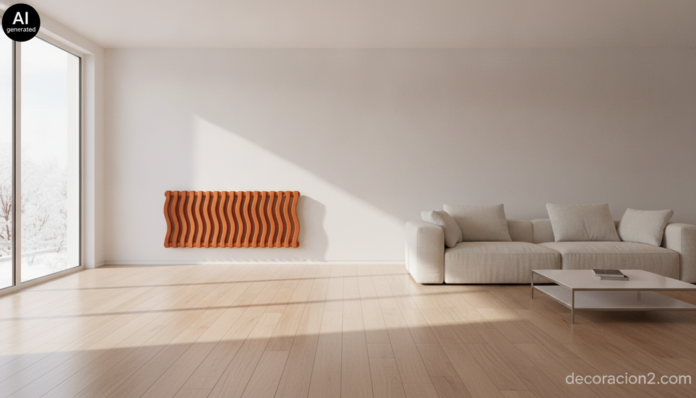 Salón contemporáneo con radiadores decorativos de diseño de forma ondulada en color naranja sobre pared blanca