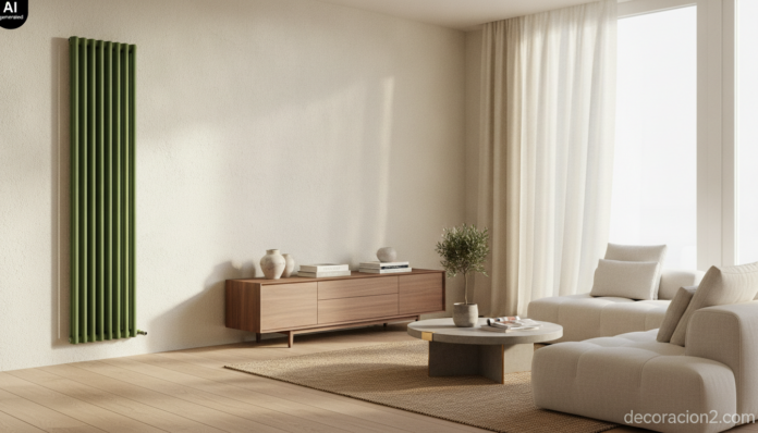 Wide interior photograph of a bright contemporary Spanish living room, tall slim vertical designer radiator in deep olive ... Salón con radiadores personalizados: emisor vertical verde oliva mate sobre pared clara junto a un ventanal
