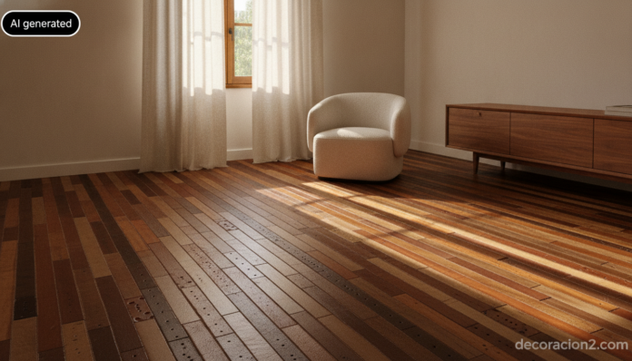 Salón luminoso con suelos con materiales reciclados hechos con tiras de cinturones de cuero en tonos marrones