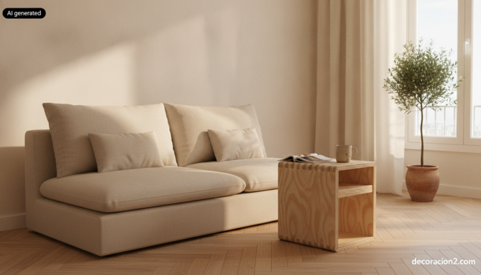 Salón luminoso con una silla convertible en mesa auxiliar de contrachapado de abedul junto a un sofá de lino