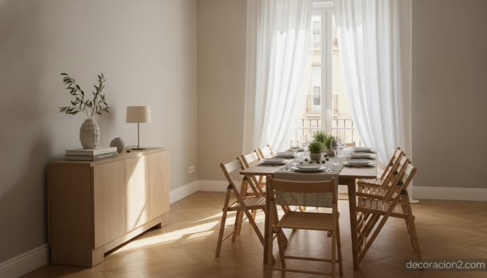Salón comedor con una mesa que se convierte en aparador de roble, cerrada contra la pared y extendida para diez comensales