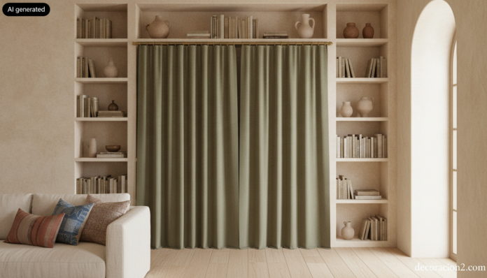 Salón con estantería alta cuyo frente inferior está tapado con una cortina verde oliva para ocultar el desorden de una estantería