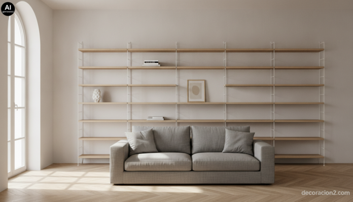 Estanterías minimalistas de acero blanco y roble claro en la pared de un salón luminoso con sofá gris