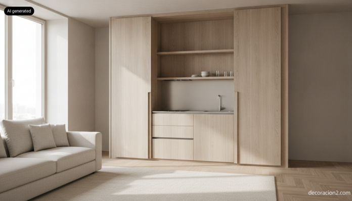 Cocina modular compacta integrada en un frente de roble abierto en el salón de un apartamento luminoso