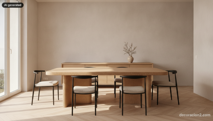 Comedor luminoso con muebles de microcemento: gran mesa en tono arena junto a un ventanal