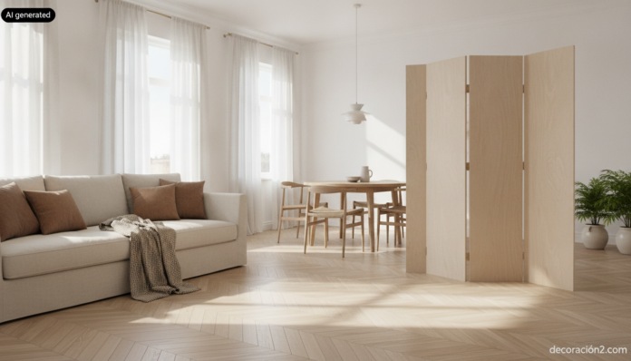 Salón luminoso con un biombo transformable de contrachapado de abedul separando la zona de sofá del comedor