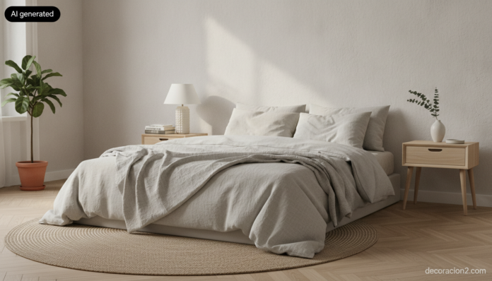 Wide interior photograph of a bright Scandinavian bedroom in the morning, a low bed dressed in washed linen flanked by two... Dormitorio nórdico con dos mesitas de noche de diseño en madera de haya a ambos lados de la cama
