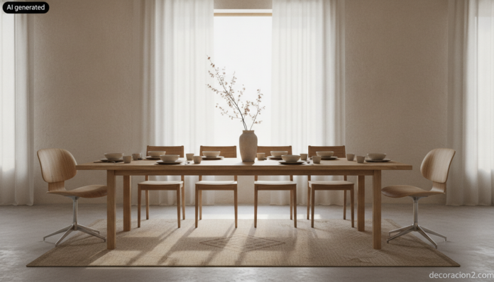 Wide interior photograph of a bright Scandinavian-Japanese dining room, two sculptural molded plywood shell chairs with sl... Comedor japandi con dos sillas RIN de carcasa de contrachapado en las cabeceras de una mesa de roble claro