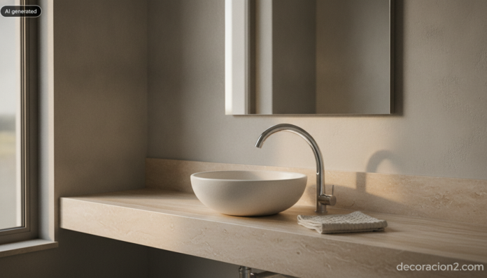 Grifo de diseño de perfil curvado sobre un lavabo de piedra en un baño contemporáneo de travertino