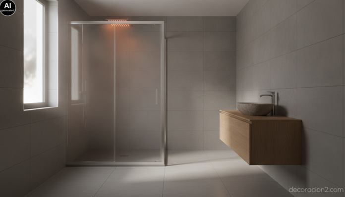 Cabina de ducha multifunción cerrada con vapor y luz de cromoterapia en un baño moderno de tonos grises