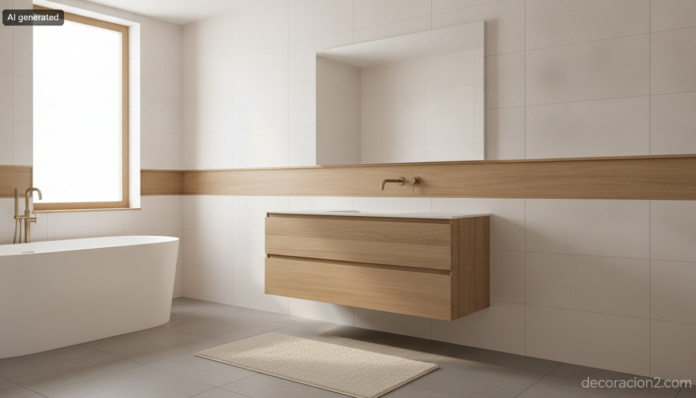Baño moderno con perfiles decorativos de madera rematando el alicatado blanco sobre un mueble de lavabo suspendido