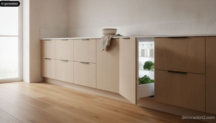 Cocina moderna de roble claro con cajones refrigeradores integrados bajo la encimera, uno de ellos entreabierto