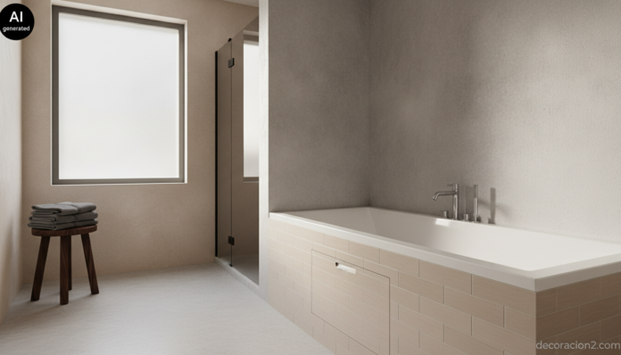 Baño moderno con bañera de hidromasaje shiatsu empotrada, pared de microcemento y luz natural