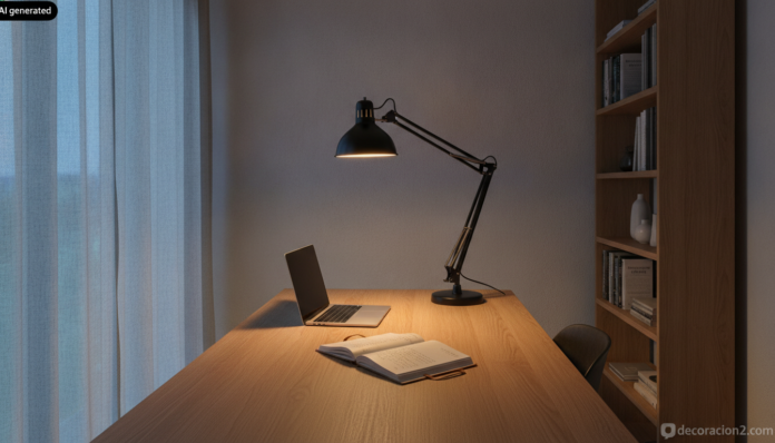 Lámpara LED flexible de brazo articulado iluminando un escritorio de roble en un despacho en casa al atardecer