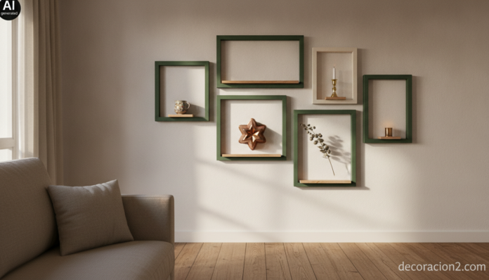Pared de salón con varios marcos en relieve pintados en verde y crudo sosteniendo pequeños objetos decorativos