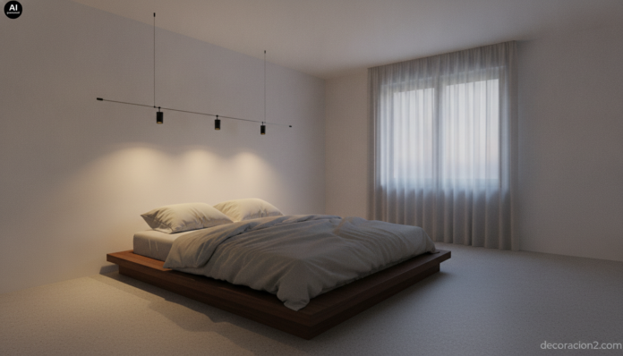 Dormitorio con iluminación minimalista de cables tensados y focos negros sobre la cama