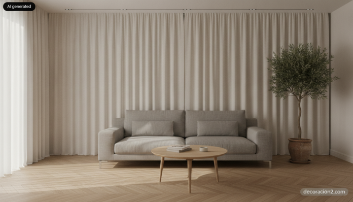 Salón pequeño con cortinas para ampliar el salón colgadas del techo a lo largo de toda la pared del fondo