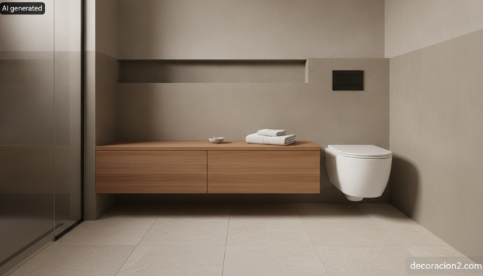 Baño pequeño con inodoro y bidé en uno ocultos bajo una tapa continua de madera de teca suspendida