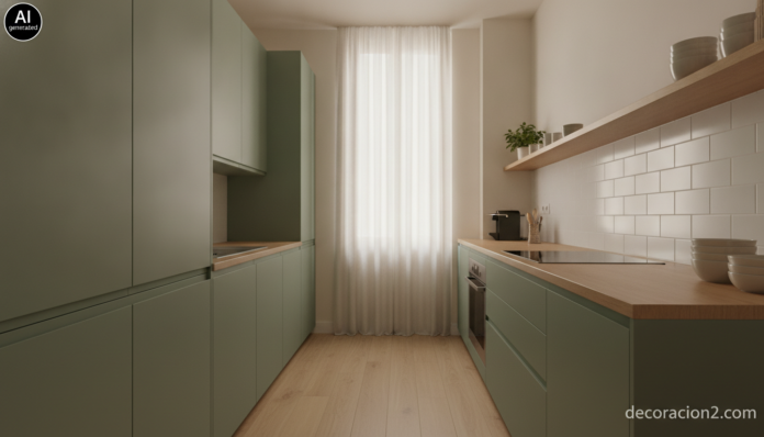 Cocina modular para espacios pequeños con frentes verde salvia y encimera de roble en un piso urbano