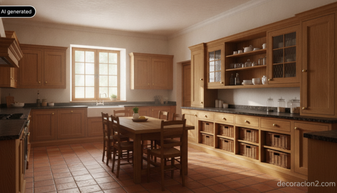 Cocina clásica de roble macizo de estilo colonial con encimera de granito oscuro y cestas de mimbre