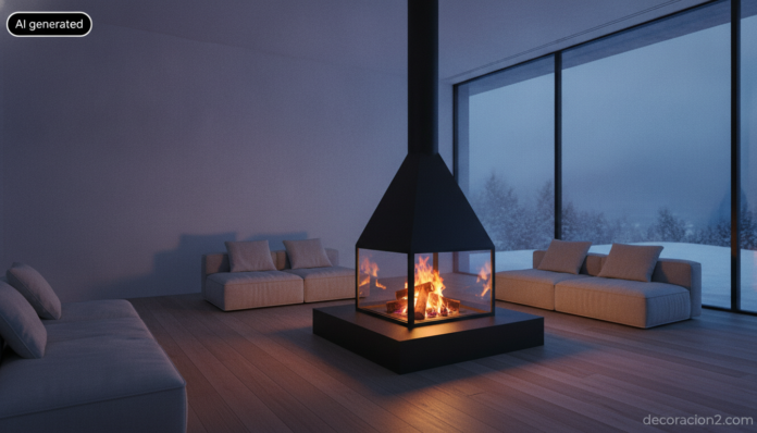 Salón contemporáneo con una chimenea piramidal de acero y cristal instalada en el centro de la estancia