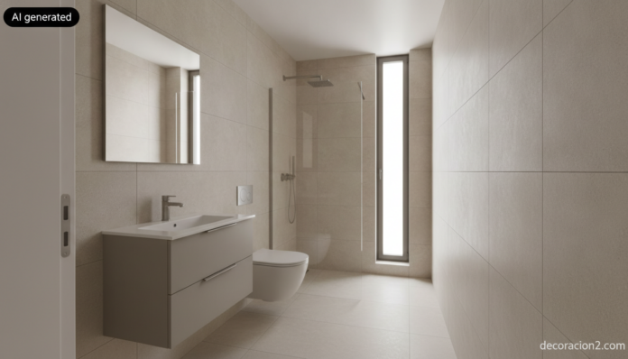 Baño modular en poco espacio con mueble suspendido, inodoro empotrado y ducha estrecha de obra