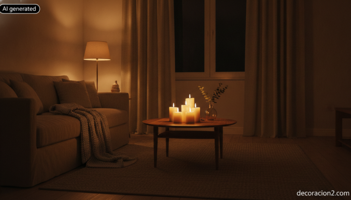 Salón con ambiente romántico iluminado con lámparas cálidas y velas agrupadas sobre una mesa baja de nogal