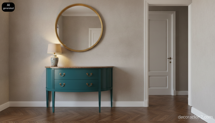 Wide interior photograph of an elegant Spanish apartment entrance hall, a curved two-drawer console table lacquered in dee... Consola de recibidor de madera maciza lacada en turquesa con espejo redondo y lámpara en una entrada luminosa