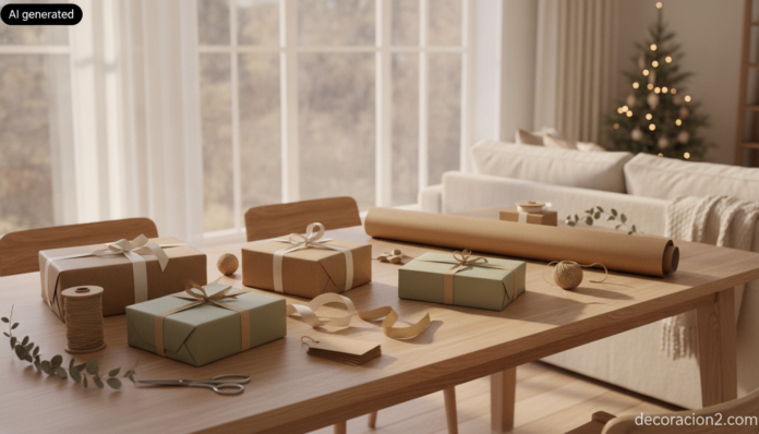 Wide lifestyle interior photograph of a light oak dining table set up as a gift-wrapping station beside a large window, se... Mesa de madera preparada para envolver regalos con papel kraft, cintas y cajas a medio envolver junto a una ventana