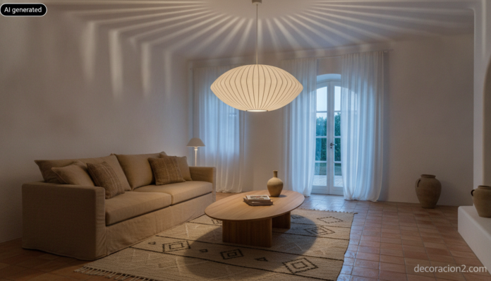Salón al atardecer con una lámpara con forma de capullo colgada sobre la mesa de centro y sus pétalos entreabiertos