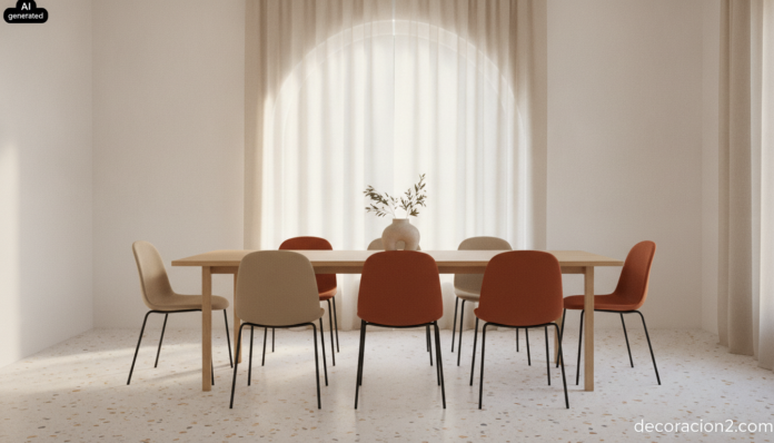 Comedor luminoso con sillas de diseño en plástico en dos colores alrededor de una mesa de roble