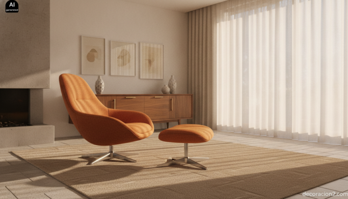 Salón luminoso con un sillón de diseño años 50 de carcasa envolvente en tejido naranja sobre base cromada y reposapiés a juego