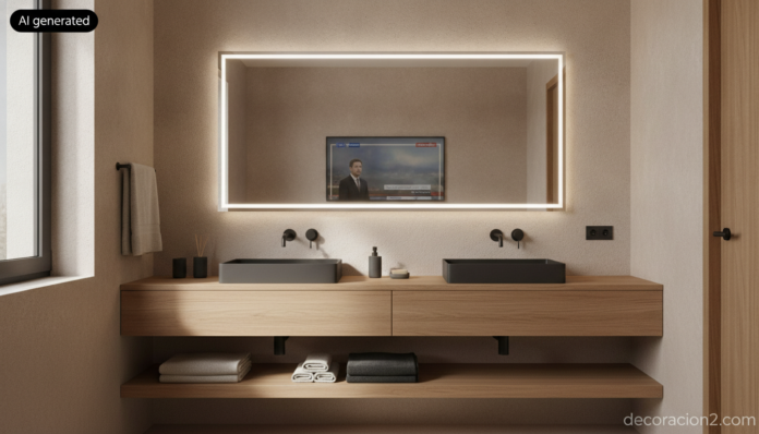 Wide realistic interior photograph of a contemporary bathroom, large rectangular backlit mirror mounted above a double was... Espejo de baño con televisión integrada sobre un lavabo doble de madera de roble en un baño contemporáneo