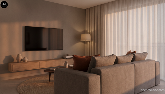 Salón moderno con televisor de 65 pulgadas integrado en pared de microcemento, ejemplo de bajo consumo del televisor y buena colocación