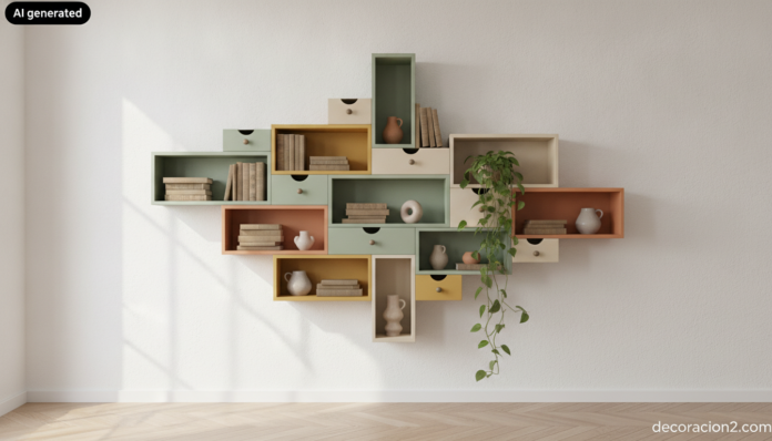 Estantería con cajones reutilizados pintados en verde salvia y crema montada en la pared de un salón