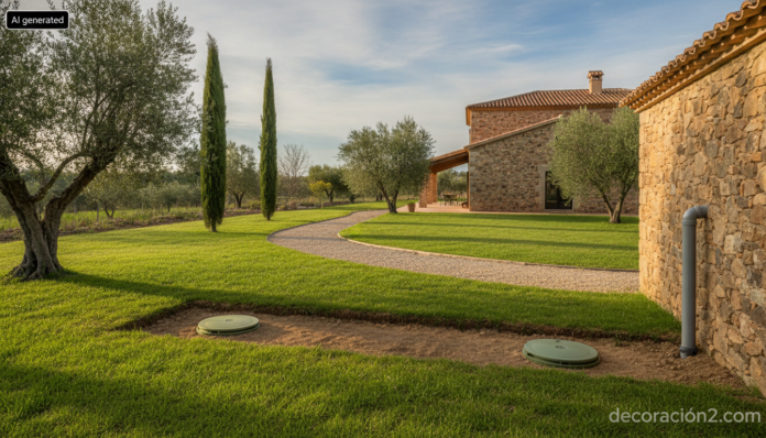 Depuradora de aguas residuales domésticas enterrada en el jardín de una casa rural con las tapas de registro a ras de césped