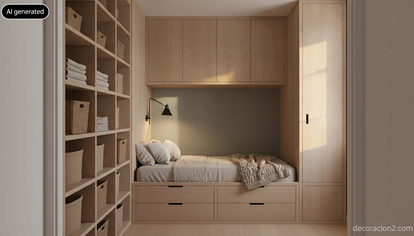 Dormitorio pequeño con almacenaje modular en altura y cajones bajo la cama