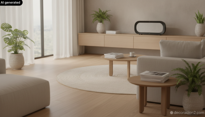 Altavoz de diseño integrado en un salón moderno con muebles de madera clara