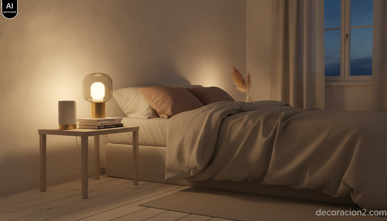 Altavoz compacto sobre la mesilla de noche de un dormitorio nórdico