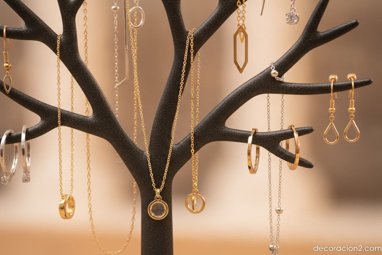 Detalle de árbol metálico para colgar collares y pendientes de bisutería