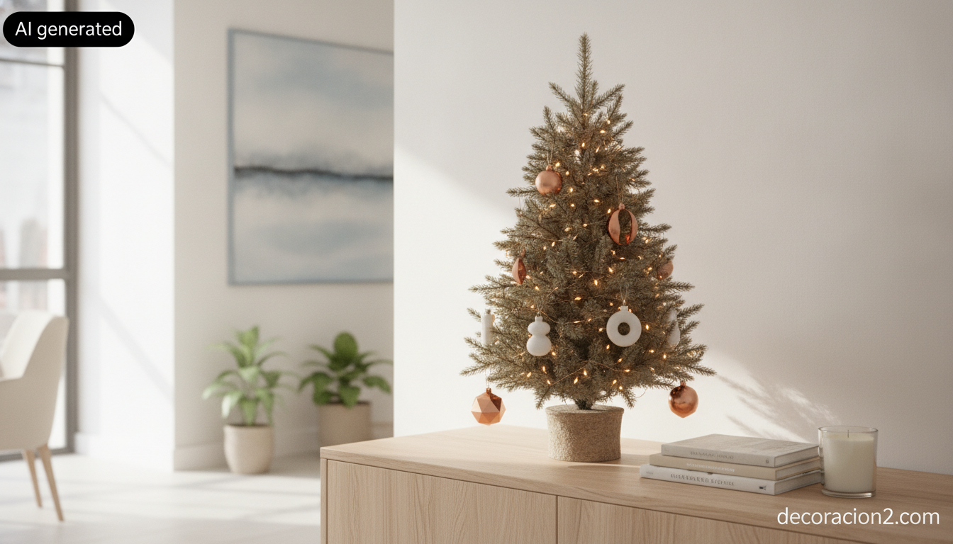 Árbol de Navidad pequeño de sobremesa con adornos originales en un piso pequeño