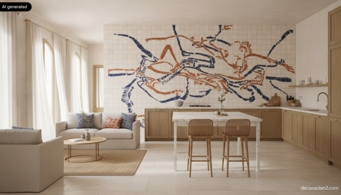 Realistic interior photography of a bright open-plan Mediterranean kitchen-living space, wide angle shot, with a floor-to-... Cocina abierta con una pared de azulejos personalizados en índigo y terracota sobre fondo crudo