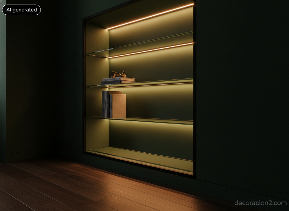 Despacho en penumbra con hornacina de baldas de vidrio retroiluminadas que forman rectángulos de luz sobre pared verde oscuro